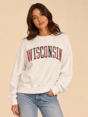 Pressbox University of Wisconsin Sequin Logo White Crewneck Sweatshirt Medium